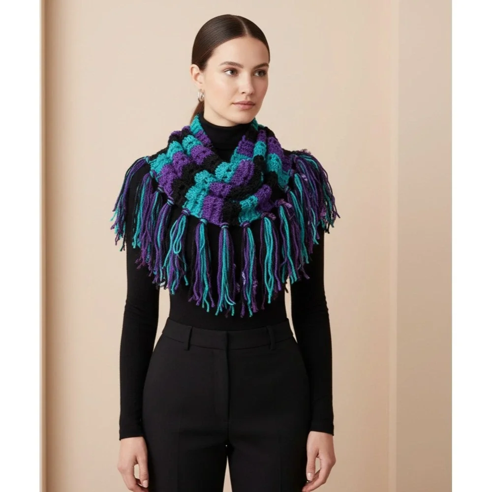 NEW Hand Knitted Purple Black Green Boho Cowl‎ Scarf Indie Festival Art Whimsy